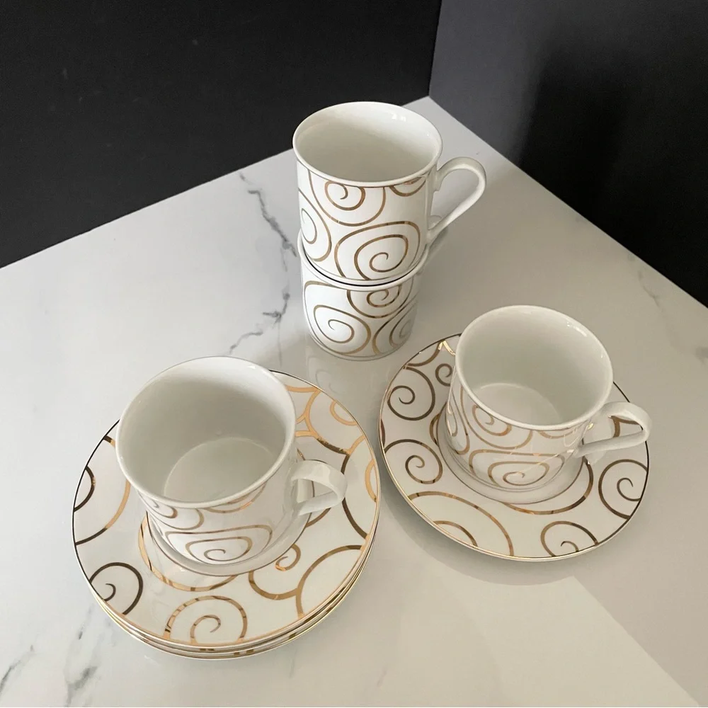 SET of 4 Gold Swirl Cup & Saucers by Pier 1